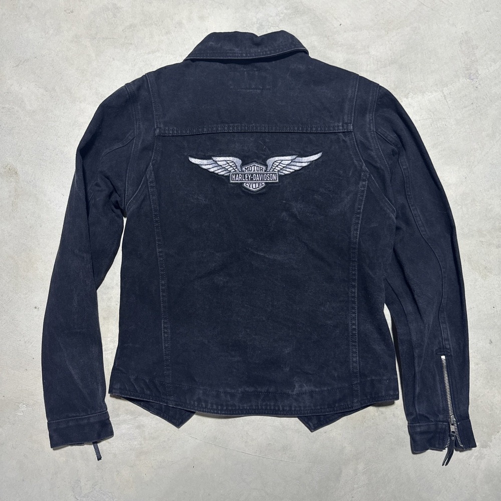 Harley Davidson Black Jean Denim Jacket Embroidered Wings Women's Size Medium